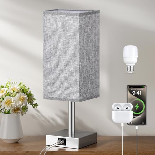 Image of Aooshine Bedside Lamps, Touch Control Table Lamp with USB A+C Charging Ports, Lamps 3 Way Dimmable, for Bedroom Living Room-Coarse Grey Fabric Shade (LED Bulb Included)
