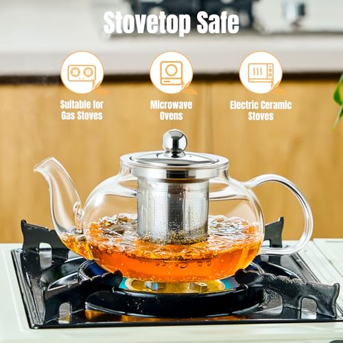 Image of Baalaka Glass Teapot Stovetop 20 OZ /600ml, Tea pot with Removable 18 /8 Stainless Steel Infuser, Borosilicate Clear Tea Kettle, Teapot Blooming and Loose Leaf Tea Maker Tea Brewer for Camping, Travel