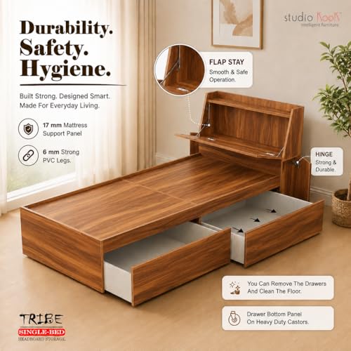 Image of Studio Kook Tribe Headboard Storage Engineered Wood Single Bed with Drawers (Amber Walnut, Right Side Drawer)