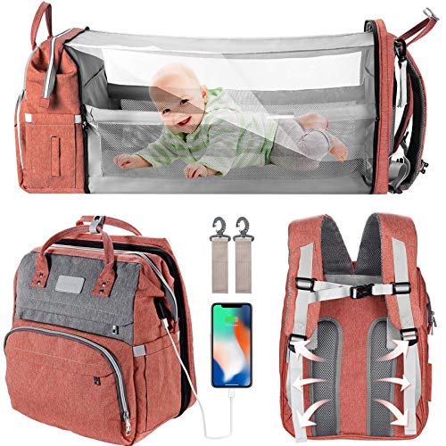 Waterproof Crib 3 in 1 Diaper Bag Backpack,Waterproof Travel Bassinet Foldable Baby Bed with Changing Station for Travel Bed Diaper Pad Stroller Organizer