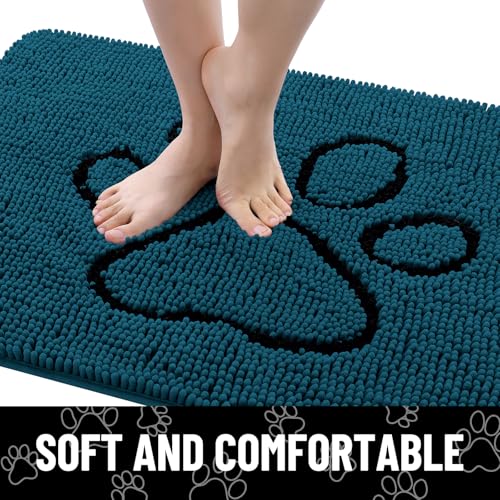 Image of Smiry Dog Door Mat for Muddy Paws, Absorbent Dirt Trapper Non Slip Quick Dry Washable Chenille Mat for Mud Dogs, Entry Rug for Indoor and Outdoor (36x24 Inches, Atlantic Blue and Black)