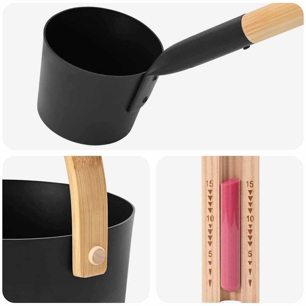 Mangloder - Set di accessori per sauna, 4 pezzi, nero, con secchio da 7 l, cazzuola, clessidra termometro, igrometro, manico in bambù, per interni, sauna, benessere, relax, bagno a vapore, legno