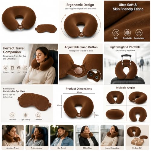 Image of Travel Neck Pillow for Adults, Fiber Filled U-Shaped Neck Support Pillow with Button Closure, Soft Plush Neck Cushion for Airplane, Car, Office & Travel (Brown)