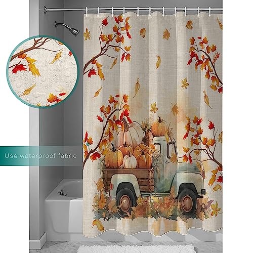 Fall-Pumpkin-Shower-Curtain-Thanksgiving-Truck-Falling-Maple-Leaves-Fabric-Shower-Curtain-Set-with-12-Hooks-Cotton-Linen-Waterproof-Bathroom-Curtains-for-Farmhouse-Wither-Holiday-Decor-72W-x-72L Fall Pumpkin Shower Curtain Thanksgiving Truck Falling Maple Leaves Fabric Shower Curtain Set with 12 Hooks Cotton Linen Waterproof Bathroom Curtains for Farmhouse Wither Holiday Decor 72W x 72L