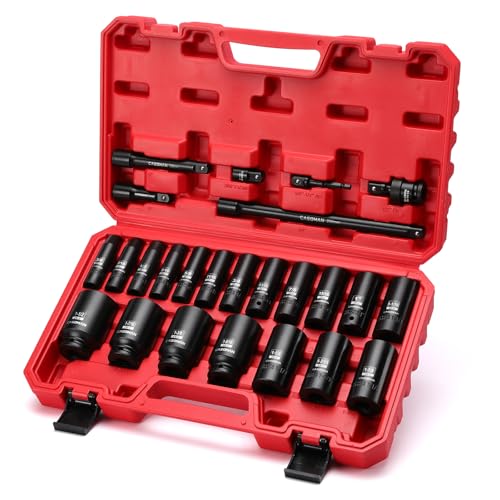 CASOMAN 25 PCS 1/2" Drive Deep Impact Socket Set with Case, 6 Point, 3/8" - 1-1/2", SAE, Include Extension Bars, Socket Adapter, Drill Adapter and Universal Joint - image 1