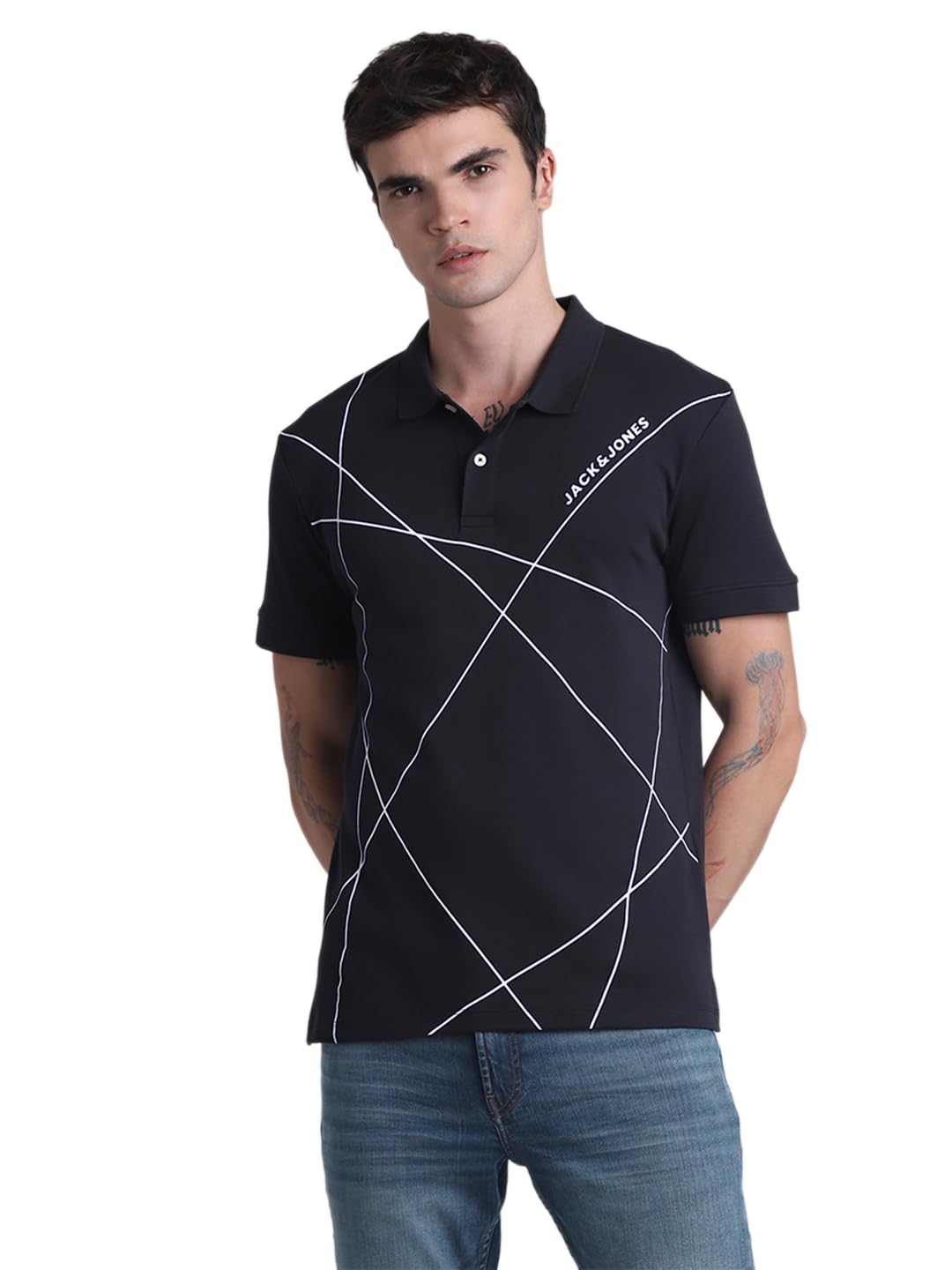 jack & jones Men Cotton Brand Logo Printed Polo Collar Short Sleeves Applique Slim Fit T-Shirt-picture-14