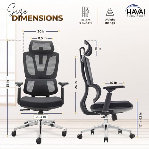 Image of HAVAI Neo High Back Ergonomic Mesh Office Chair | Multi-Lock Mechanism | Chrome Base | 3D Armrests with PU Pads | Adjustable Headrest | Breathable Mesh Back (Black)