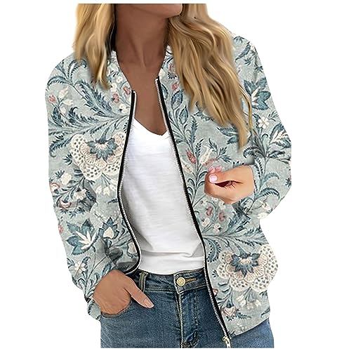 Women's Plaid Zip Up Long Sleeve Bomber Jacket Lightweight Outerwear with Pockets Short Winter Windbreaker Coat