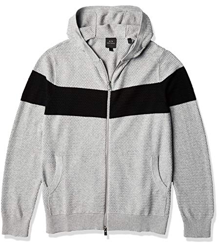 A|X Armani Exchange Men's Bold Stripe Zip Up Hooded Knit Cardigan, BC06 Heather Grey/Black, XL