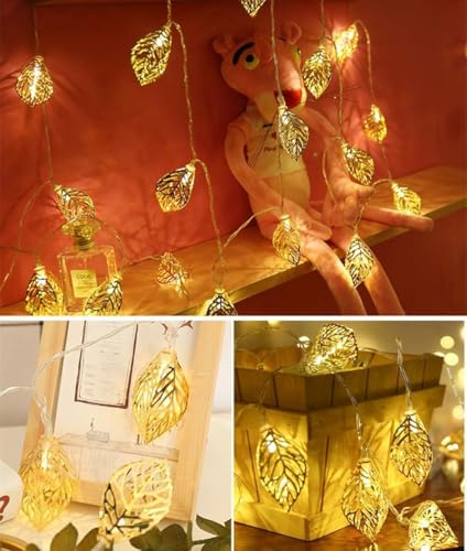 Image of Xenith 14 LED Decorative Leaf Shape Golden Metal String Lights Fairy Lights Decorative Lights for Diwali Christmas Home Marriage Festivals Indoor Outdoor Decoration Lighting (Warm White, 3.5 Meter)