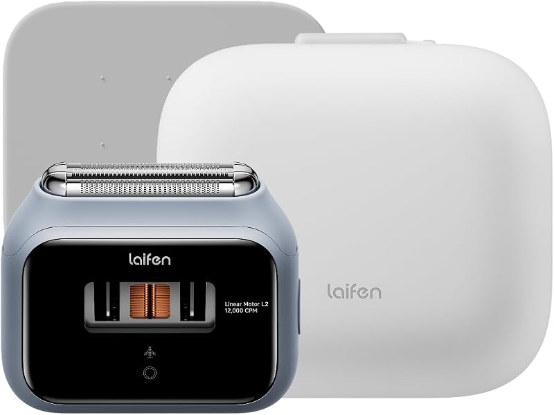 Barbeador elétrico masculino Laifen P3 com 3 lâminas, estojo de viagem e base antiderrapante, azul