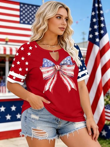 Image of Ithalt Plus Size American Flag Shirt Women Bow T Shirt 4th of July Shirts USA Patriotic V Neck Tees for Independence Day