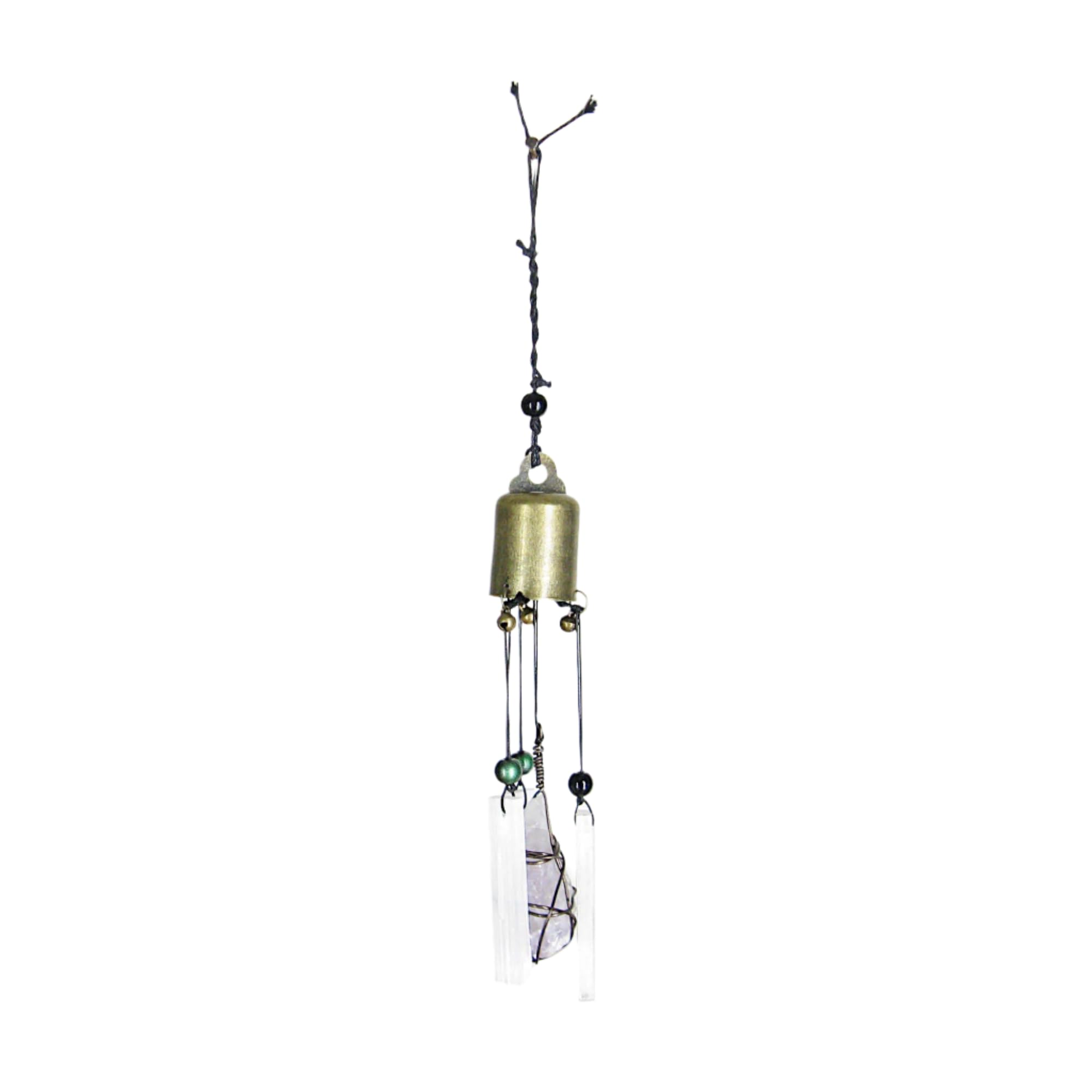 Hanging Witch's Bell w/Selenite Bars & Wire-Wrapped Raw Light Amethyst Crystal, Handmade, Wiccan Pagan Magical Door Home Decor Protection Altar Cleansing Wall Hanging Decoration