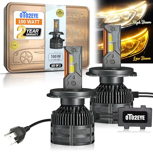 Image of OTO2EYE 100W H4 / H19 LED Headlight Bulbs for Car & Motorcycle | 10000LM | Low Beam Yellow & High Beam Yellow-White |6500K| Dual Color H4 Headlamp | Plug & Play | Pack of 2 | 2 Years Warranty