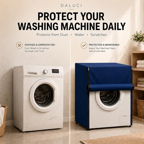 Image of DALUCI Washing Machine Cover Front Load for 6 Kg, 6.5 Kg, 7 Kg & 7.5 Kg Fully Automatic Machines | Waterproof Dustproof Polyester Protective Cover with Zipper (Blue, 59X59X86 CM)
