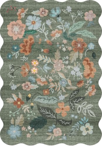 Floral Square Area Rug for Family: Washable 5x5 Scalloped Carpet for Living Room Bedroom Soft Water Resistant Floor Mat with Non Slip Backing for Kitchen Nursery Farmhouse Home Decor(5x5,Floral/Green)