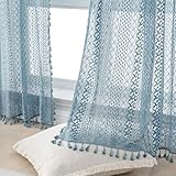 WAZZIO Cotton Sheer Slate Blue Curtains Rod Pocket Tassel Boho Crochet Lace Curtains 2 Panels 63 Inch Length for Bedroom Living Room Boys Room