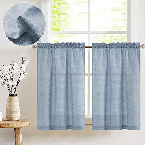 JINCHAN Kitchen Curtains 36 Inch Length Linen Textured Short Cafe Curtains Bathroom Window Curtains for Living Room Bathroom Small Window Treatment 2 Panels Blue