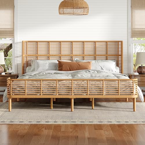Image of Christopher Knight Home Lamar Boho Rattan King Bed Frame and Headboard, Farmhouse PE Wicker King Size Bed Frame, Metal King Platform Bed Frame, No Box Spring Needed, Easy Assembly, Natural Finish