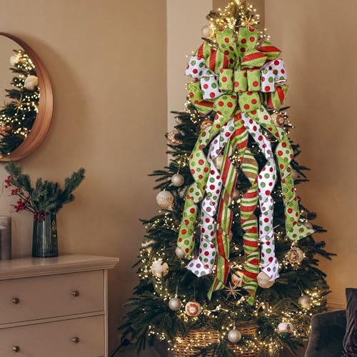 Sailup Christmas Tree Topper Wreath Bow Large Green Christmas Bow Tree Topper,Red Green Dot Polyester Gift Bow For Xmas Ornament Holiday Home Wedding Thanksgiving Indoor/Outdoor Decoration 45 Inchx13 Inch thumb #4