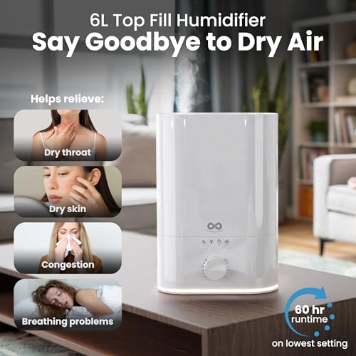 Image of Everlasting Comfort 6L Humidifier Large Room, High Mist Output 60 HR Runtime Ultrasonic Top Fill Humidifiers for Bedroom, Easy to Use & Clean for Home, Baby Humidifier, Plants, Congestion, Indoor