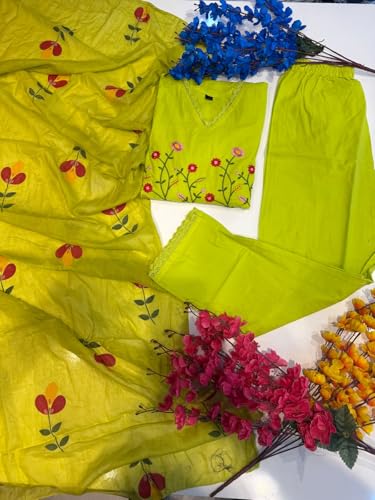 Image of KANCHAN TRADERS Women's Cotton Round Neck 3 /4 Sleeve Chikankari Embroidered Printed Kurta Palazzo with Dupatta Set