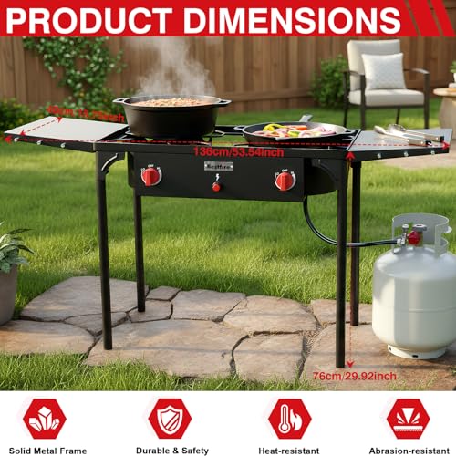Image of Bestfire 2 burner Camping Stove with Auto Ignition Button,Side Shelves & Regulator150,000 BTU High Pressure Gas Stove Propane Burner With Removable Legs for Outdoor BBQ&Backyard Cooking Camping Home