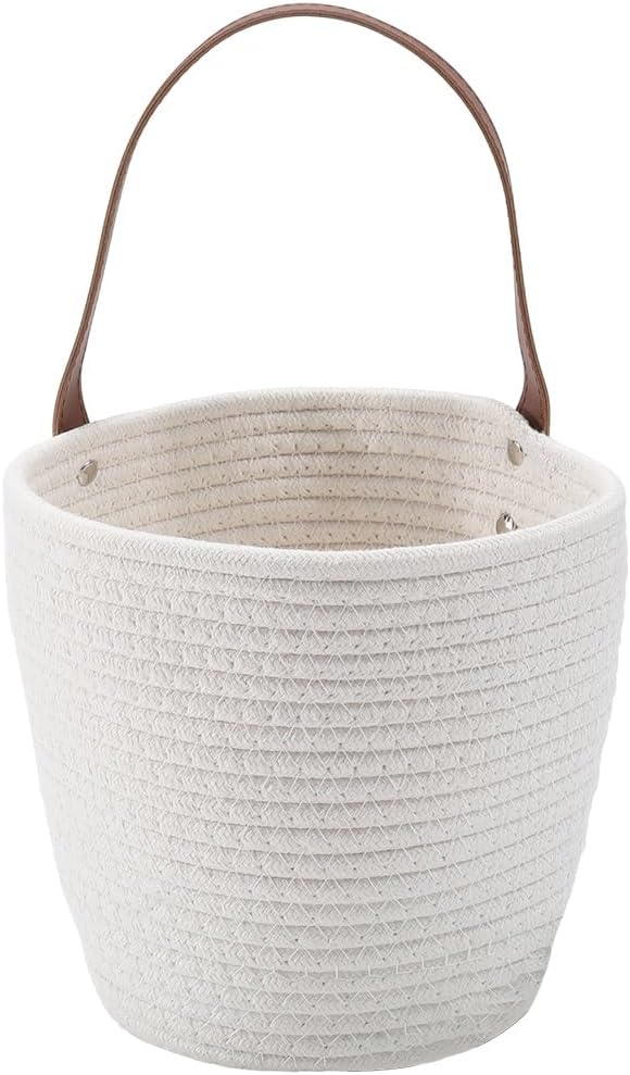 7.1 x 9.8 x 4.7 Inch Hanging Woven Basket Cotton Wall Basket with Handle White Rope Multifunction Macrame Closet Shelf Organizing Storage Wall Mounted Bin for Kitchen Room Fruit Plants Towels