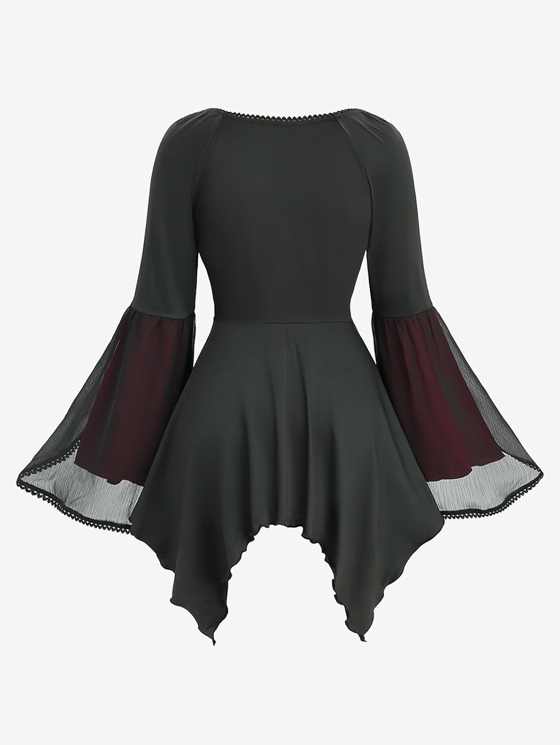 ROSE GAL Plus Size Women Gothic Halloween Costume Two Tone Lace-up Layered Handkerchief Hem Bell Sleeve Goth Top - Image 3