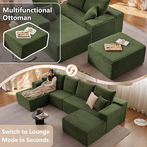 Image of 135.4 inchModular Sectional Sofa, Boneless Couch U-Shaped Sofa for Living Room | Cloud Couch Sectional with Ottoman, 4 Seater Deep Seat Memory Foam Compressed Sofa, No Assembly, Left-Facing Chaise, Green
