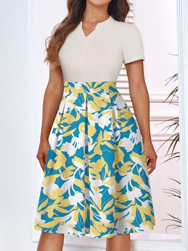 Image of YATHON Womens Elegant Print Notched Neck Slant Pocket Pleated Hem Casual A-Line Dress
