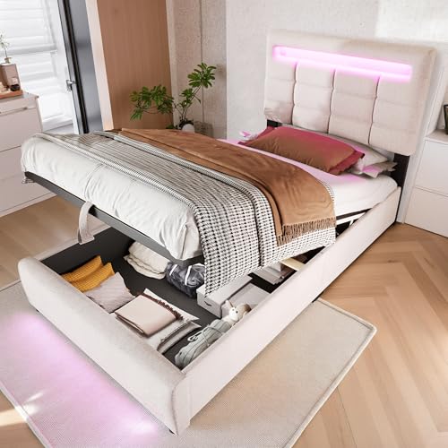 Wyibwy Letto imbottito 90 x 200 cm,Letto contenitore idraulico Con luci LED e presa USB,Telecomando...