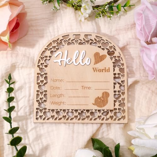 Image of Baby Announcement Sign, 5.5 Inch Wooden Birth Announcement Board Hello World Welcome Newborn Sign Arch Shape Baby Name Sign for Girl Boy Photo Prop Baby Shower Nursery Hospital