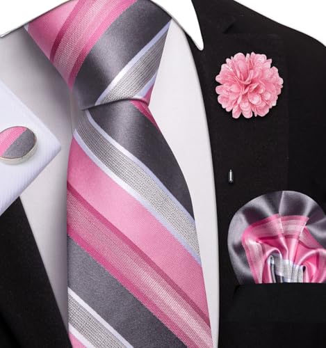 Image of Dubulle Mens Tie and Lapel Pin Paisley Striped Floral Necktie for Men Pocket Square Cufflinks 4PCS Set Wedding Party