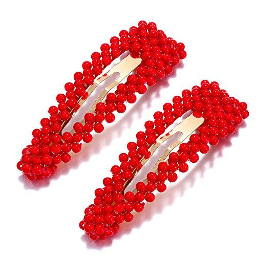 Sweet Handmade Red Pearl Hair Clips Pins, Fashion Artificial Pearl Gold BB Barrettes for Party Wedding Daily, Geometric Alloy Decorative Hairgrip Accessories for Women Ladies (2PCS-Red) (B)