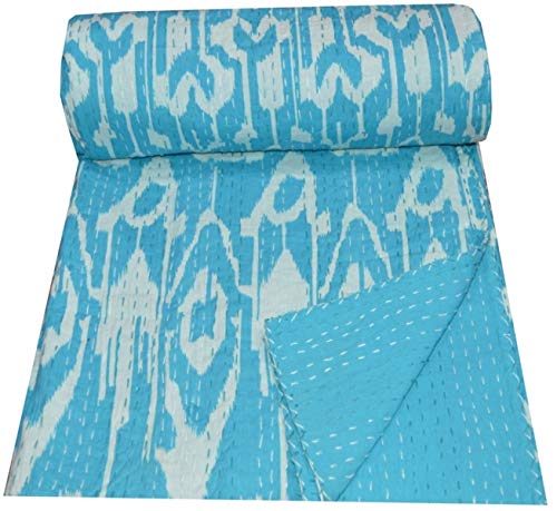 Yuvancrafts Couvre-lit indien fait à la main avec imprimé multi-ikat 100% coton pour lit simple Kantha Bleu Cover