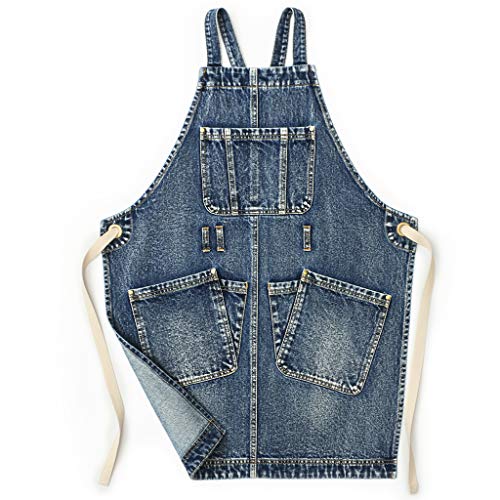 Jeanerlor Washing Style Mens Work Denim Teacher Cross Back Dad Apron with 5 Tool Pockets for Men Barber Woodworking Adjustable L to XXL (Denim Blue)