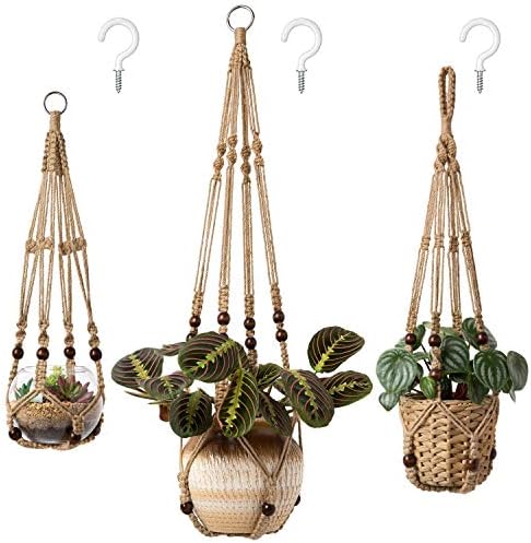 Mkono 3 Pack Macrame Plant Hangers Indoor Different Size Hanging Planter Basket Flower Pot Holder with Beads No Tassels 35"/29"/23", Medium, Brown