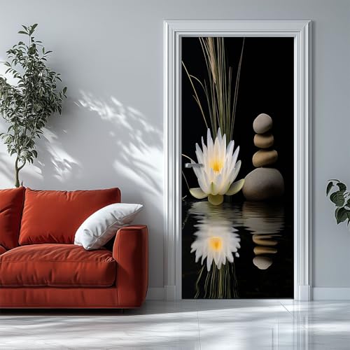 Papier Peint pour Porte Galets Lotus 83x204 cm Noir Autocollant Porte 3D PVC Imperméable Murale pour Salon Cuisine Chambre Salle de Bain Decoration