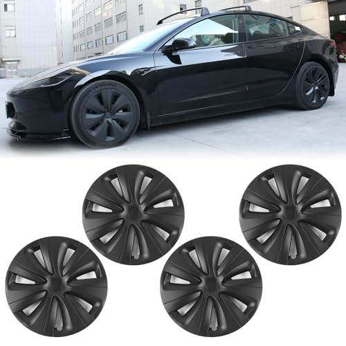 FREEMOTOR802 Compatible with 2024-2025 Tesla Model 3 18\" Wheel Cover Hubcaps Rim, Matte Black S Style ABS Whirlwind Shaped Hub Cap Full Rim Replacement 4 Pieces
