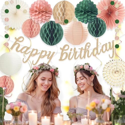 Image of Pink Sage Green Happy Birthday Decorations, Pre-Strung Happy Birthday Banner with Honeycomb Balls, Paper Flowers, Lanterns, Hanging Swirls, Circle Dots Garland for Birthday Party Decorations 24pcs
