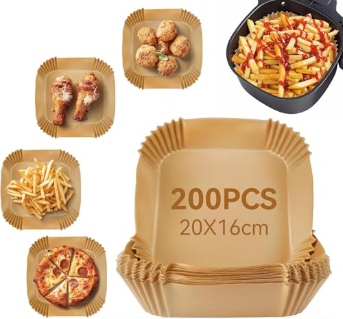 SKY-TOUCH 200Pieces Disposable Air Fryer Liner Air Fryer Liners Square Non Stick Parchment Paper for Baking Roasting Air Fryer 6.3 Inch/16 cm Brown