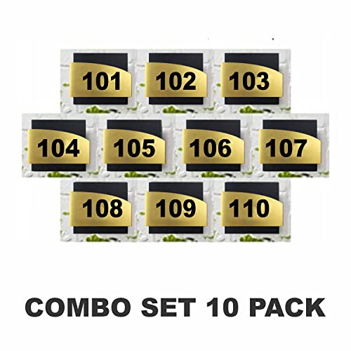 Image of Combo Number Plate Set 101-110 (Pack of 10) | Laser Cut Acrylic Black and Gold Color Smooth Finish Plate with Double Side Tape on Backside | Size: 140mm x 140mm | Signage