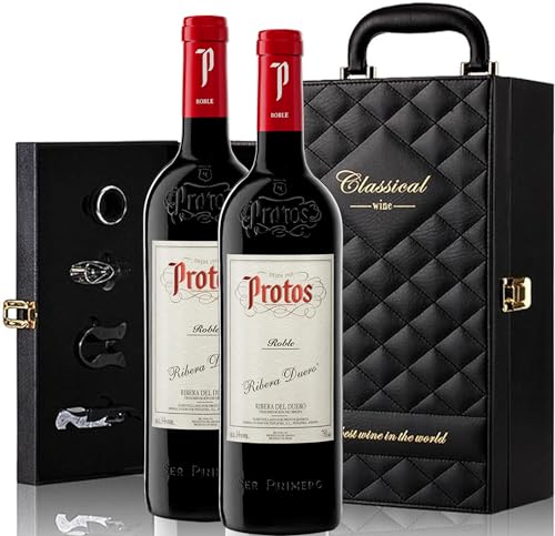 Genérico Estuche de Vino Elegante para Regalo con Dos Botellas de Vino y Set de 4 Accesorios (Ribera, Protos Roble)