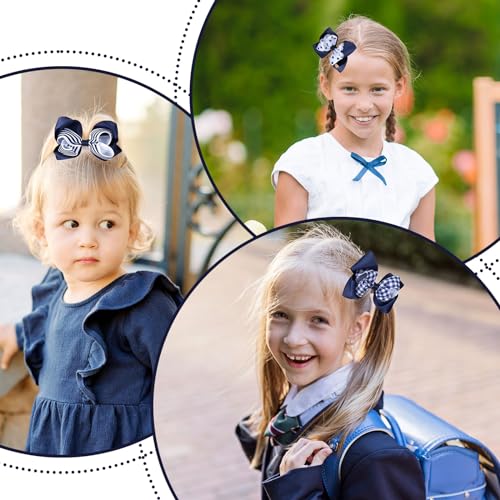 Image of Whaline Hair Bow Clips, 6Pcs Back to School Uniform Hair Accessories, Navy Blue Plaid Stripe Dot Grosgrain Ribbon Alligator Clips, 3 Styles