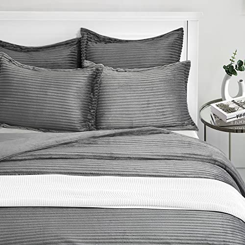 Tillyou Corduroy Twin Comforter Set- Polyester Corduroy Bedding Set, Grey Soft Warm Comfortable Bedding Set, 2 Pieces- Corduroy Comforter With 1 Pillowcase #TOP3