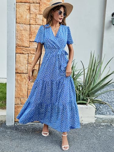 Image of MASCOMODA Women Boho Swiss Dot Maxi Dresses Wrap V Neck Flutter Short Sleeve Solid Tie Waist A Line Tiered Flowy Long Dresses