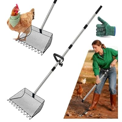 Chicken Poop Scooper, 2-in-1 Coop Scoop & Chicken Coop Rake, Sand Sifting Shovel with Adjustable Stainless Steel Handle, Up to 65 in, No-Bend Cleaning Tool - Patent-Pending (Black)
