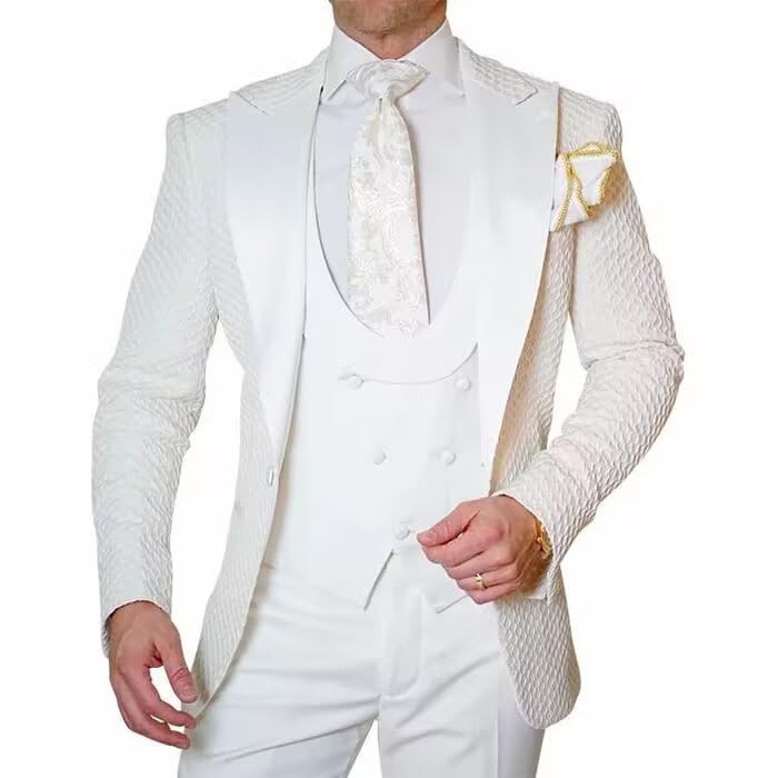 HUUTOE Mens Double Breasted Suit White Honeycomb Suit Wedding 3 Piece Slim Fit-White Blazer Vest Dress Pants Set for Men3