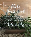 Wedding Photo Booth Sign: Wedding Guest Book Sign-in - Clear Acrylic Sign w/Weathered Oak Stain Wood Stand - Snap it, Shake it, Sign it - Handmade & Hand-Painted Sign Our Guestbook Message Sign